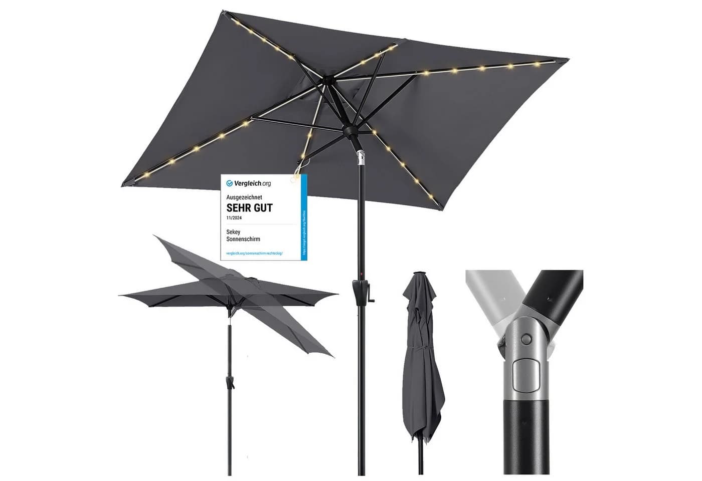 Sekey Sonnenschirm 210 x 140 cm Aluminium UV50+ mit LED-Lichtern - Bild 2