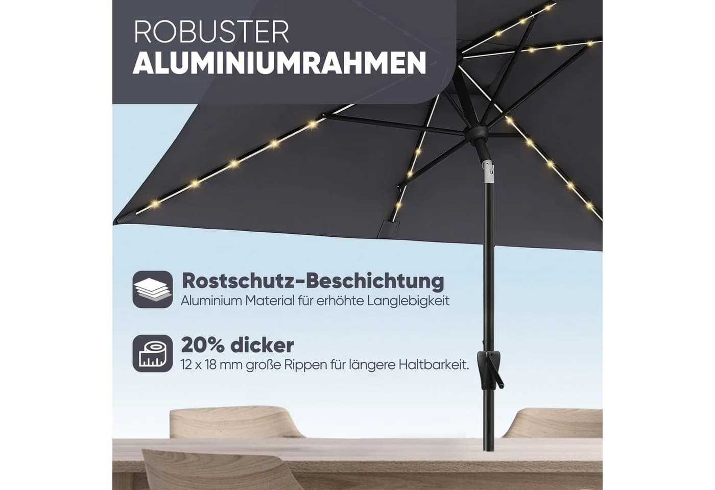 Sekey Sonnenschirm 210 x 140 cm Aluminium UV50+ mit LED-Lichtern - Bild 3