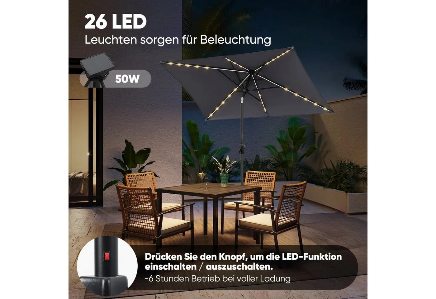 Sekey Sonnenschirm 210 x 140 cm Aluminium UV50+ mit LED-Lichtern - Bild 4