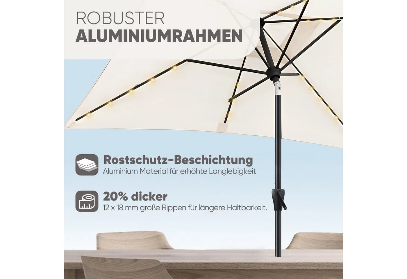 Sekey Aluminium Sonnenschirm Rechteckig Creme mit LED - Bild 3