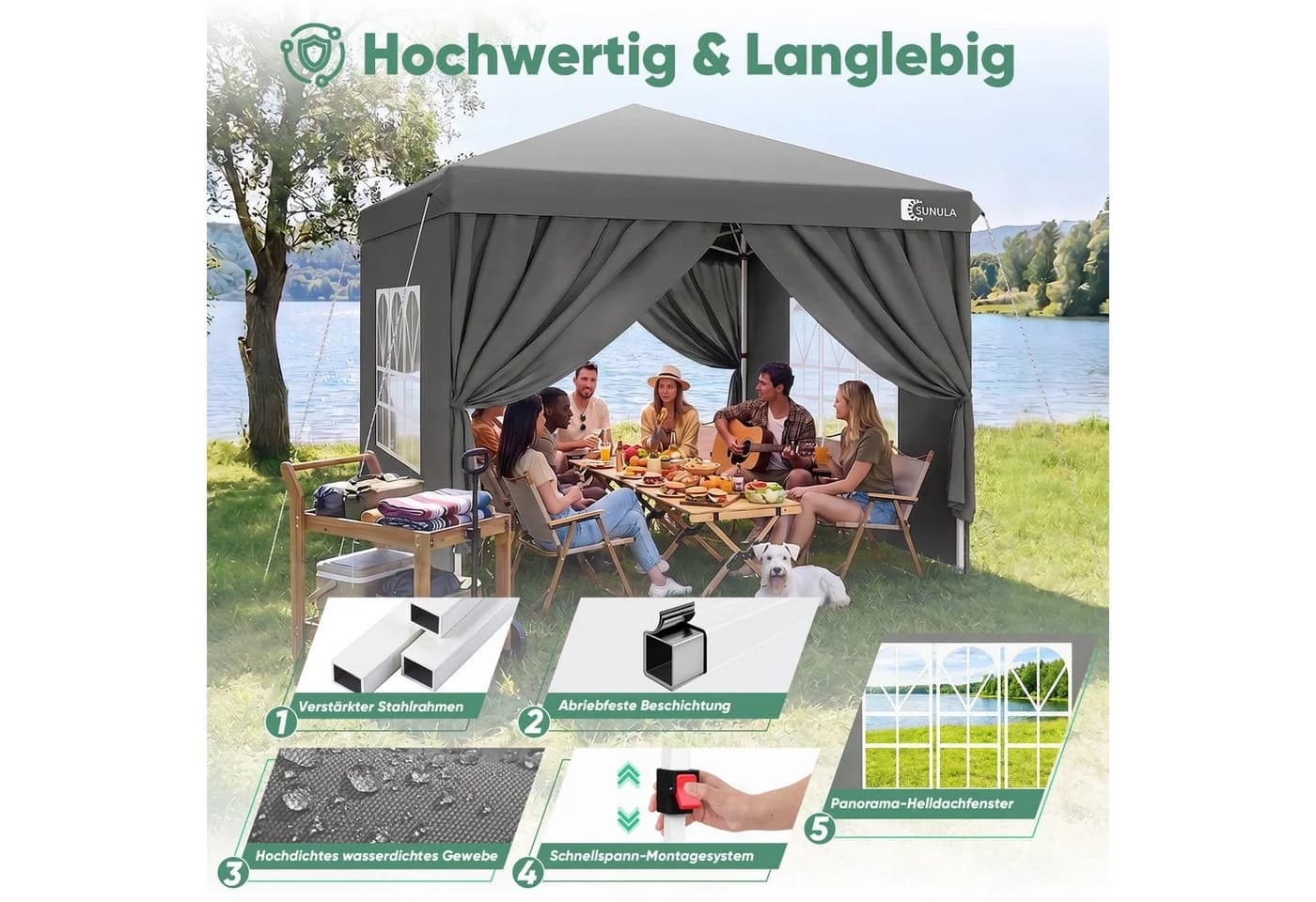 SUNULA Faltpavillon 3x3 m Grau mit 4 Seitenteilen - Bild 3