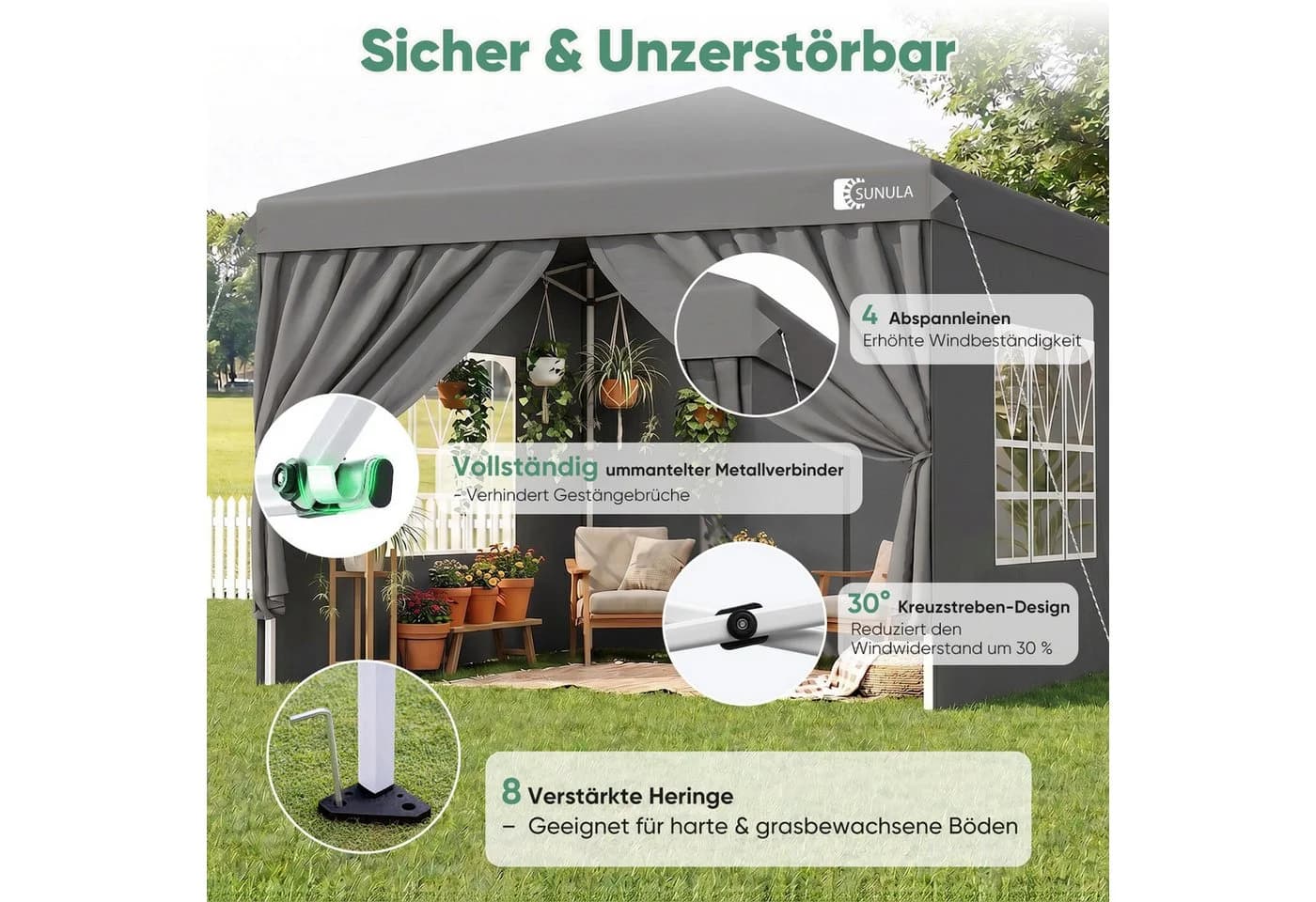 SUNULA Faltpavillon 3x3 m Grau mit 4 Seitenteilen - Bild 5