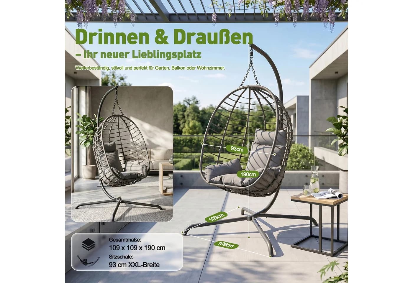 Sekey Hängesessel mit Gestell Grau PE-Rattan Hängekorb - Bild 3