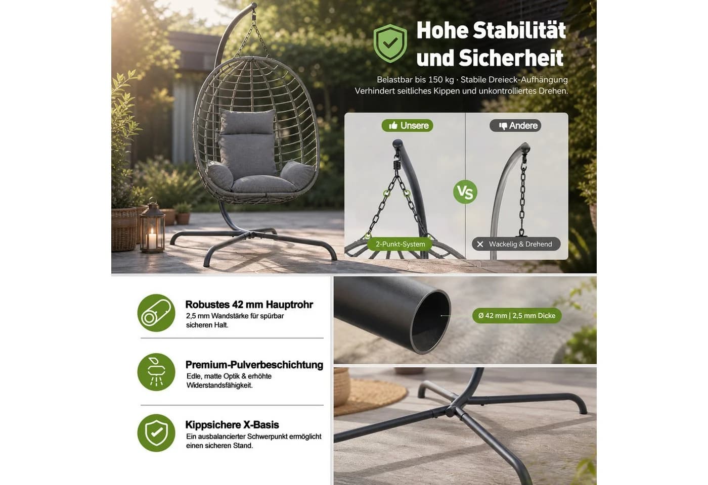 Sekey Hängesessel mit Gestell Grau PE-Rattan Hängekorb - Bild 5
