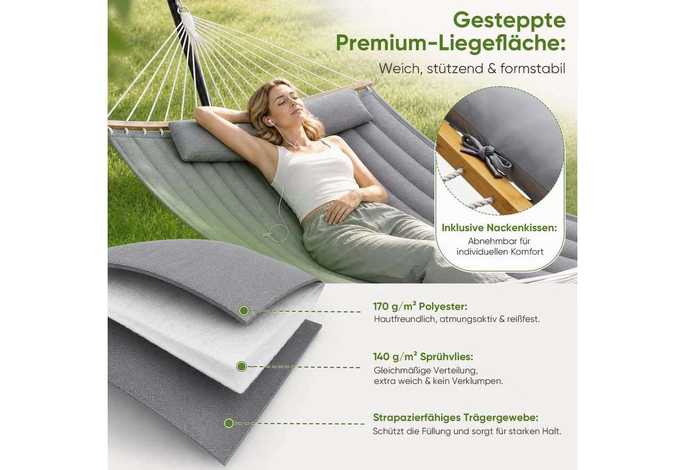 Sekey Doppelhängematte mit Gestell Grau, bis 200 kg, inkl. Kissen - Bild 2
