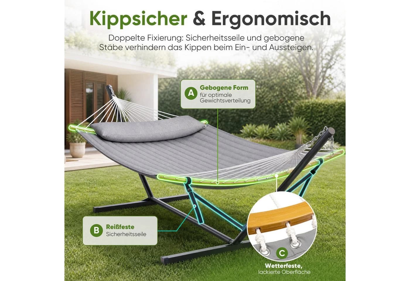 Sekey Doppelhängematte mit Gestell Grau, bis 200 kg, inkl. Kissen - Bild 4