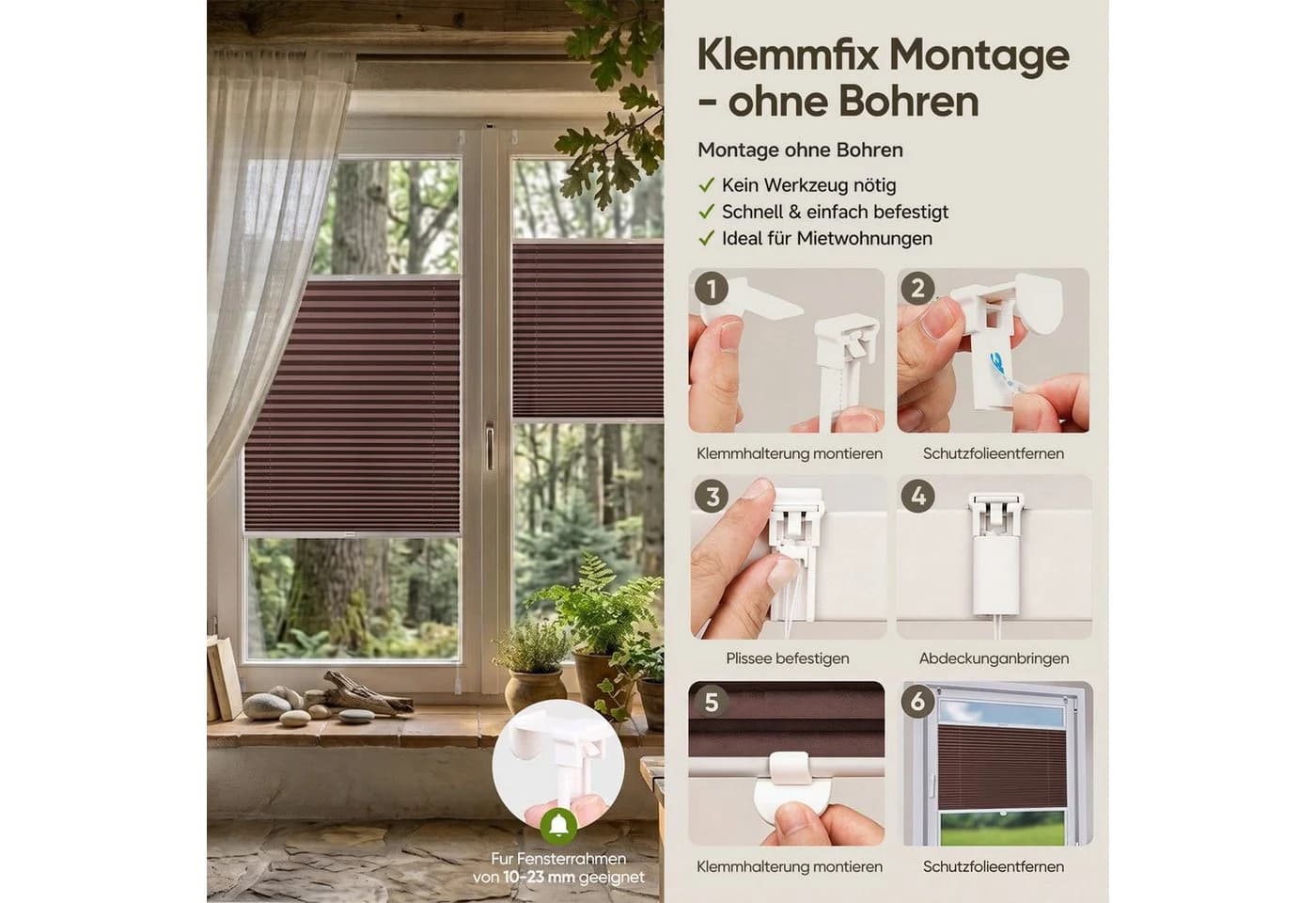 Sekey Plissee Klemmfix ohne Bohren Blickdicht Polyester Mokka - Bild 3