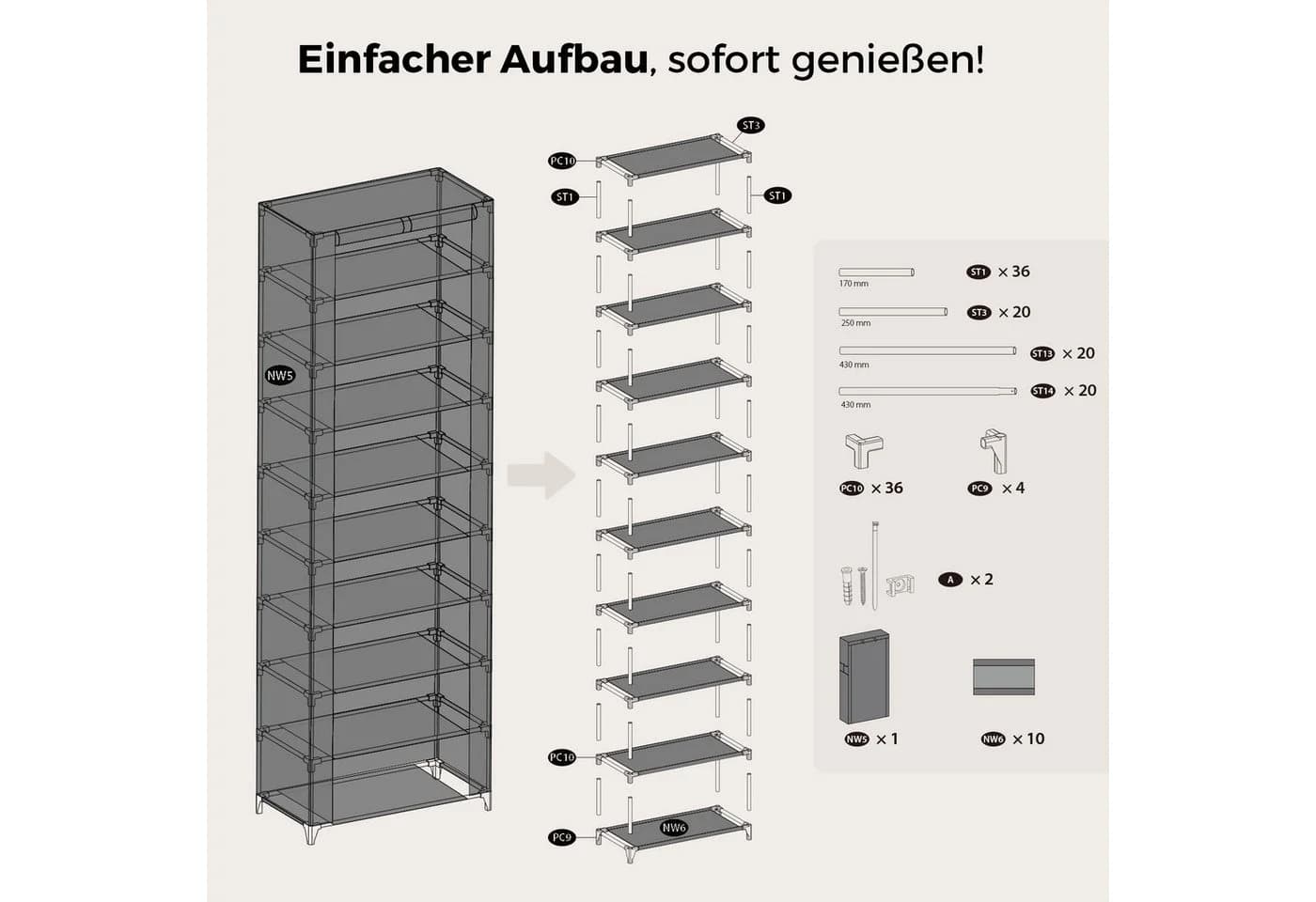 Sekey Schuhschrank 9 Ebenen Stoffschrank 27 Paar Schuhe 58 cm - Bild 4