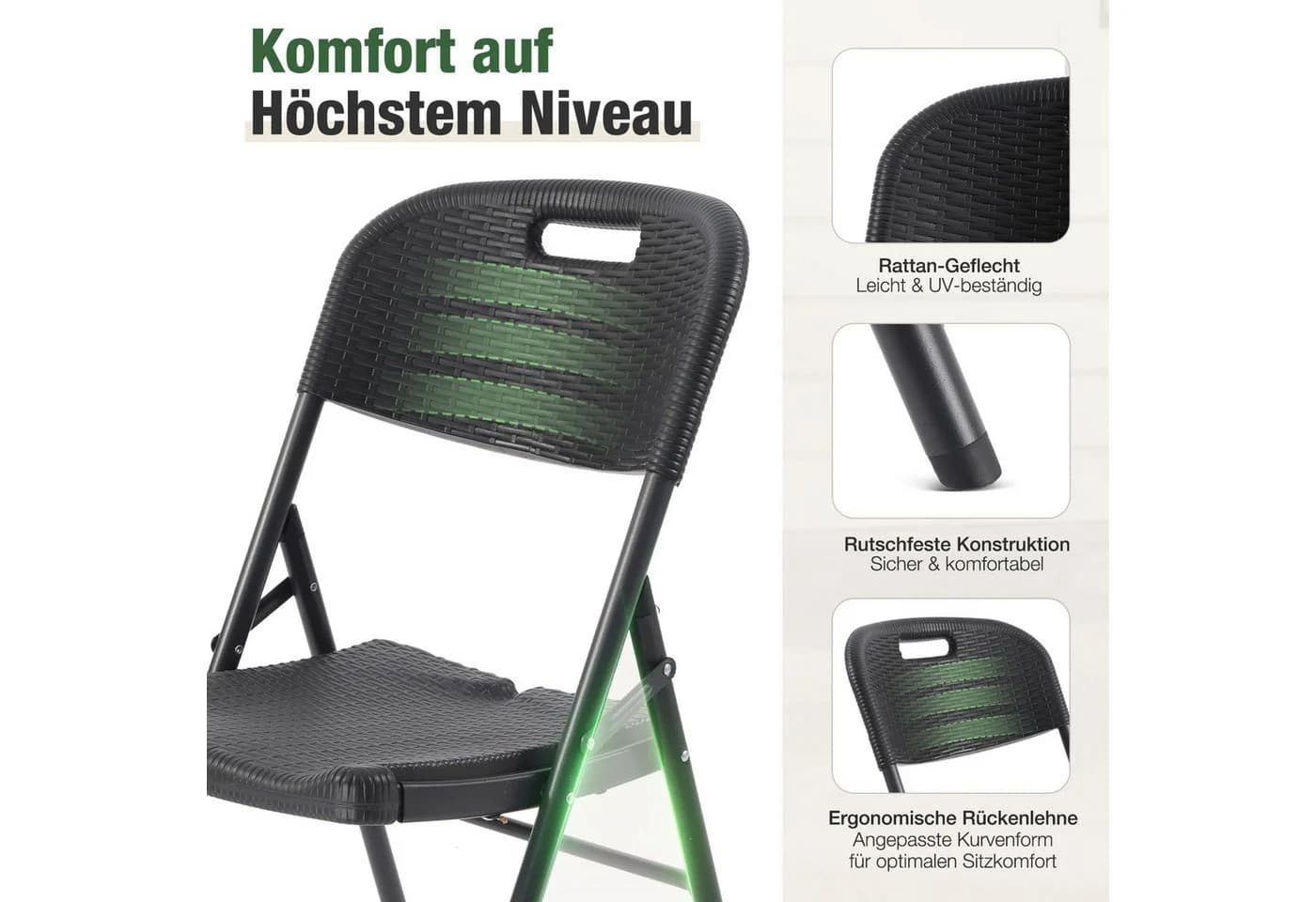 Sekey Klappstuhl Set 4-tlg. Schwarz Rattanoptik Metall - Bild 4