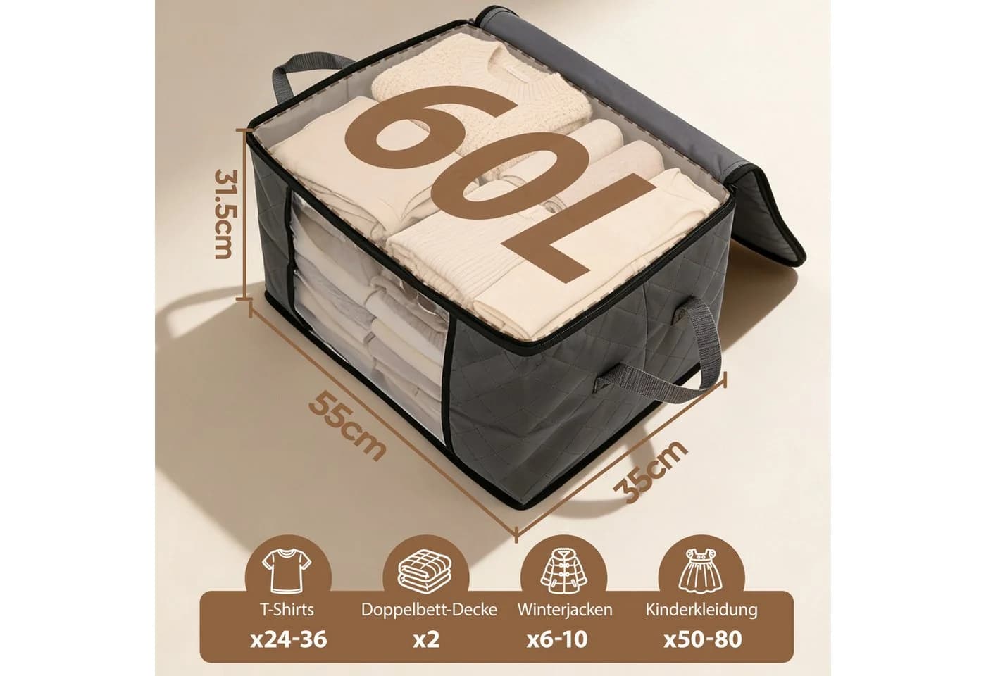 Sekey Aufbewahrungstasche Faltbar Aufbewahrungsbox mit Deckel Aufbewahrungstasche für Bettdecken (2-tlg) Kleiderschrank Organizer mit Reißverschluss Griffe Kleidung Bettwäsche - Bild 5