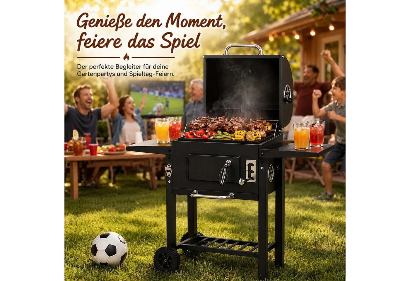 kehot Holzkohlegrill mit Deckel & Rollen, Schwarz