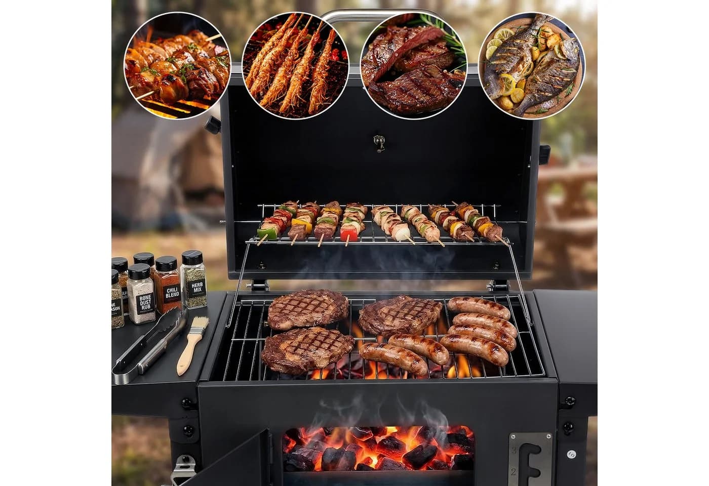 kehot Holzkohlegrill mit Deckel & Rollen, Schwarz - Bild 3