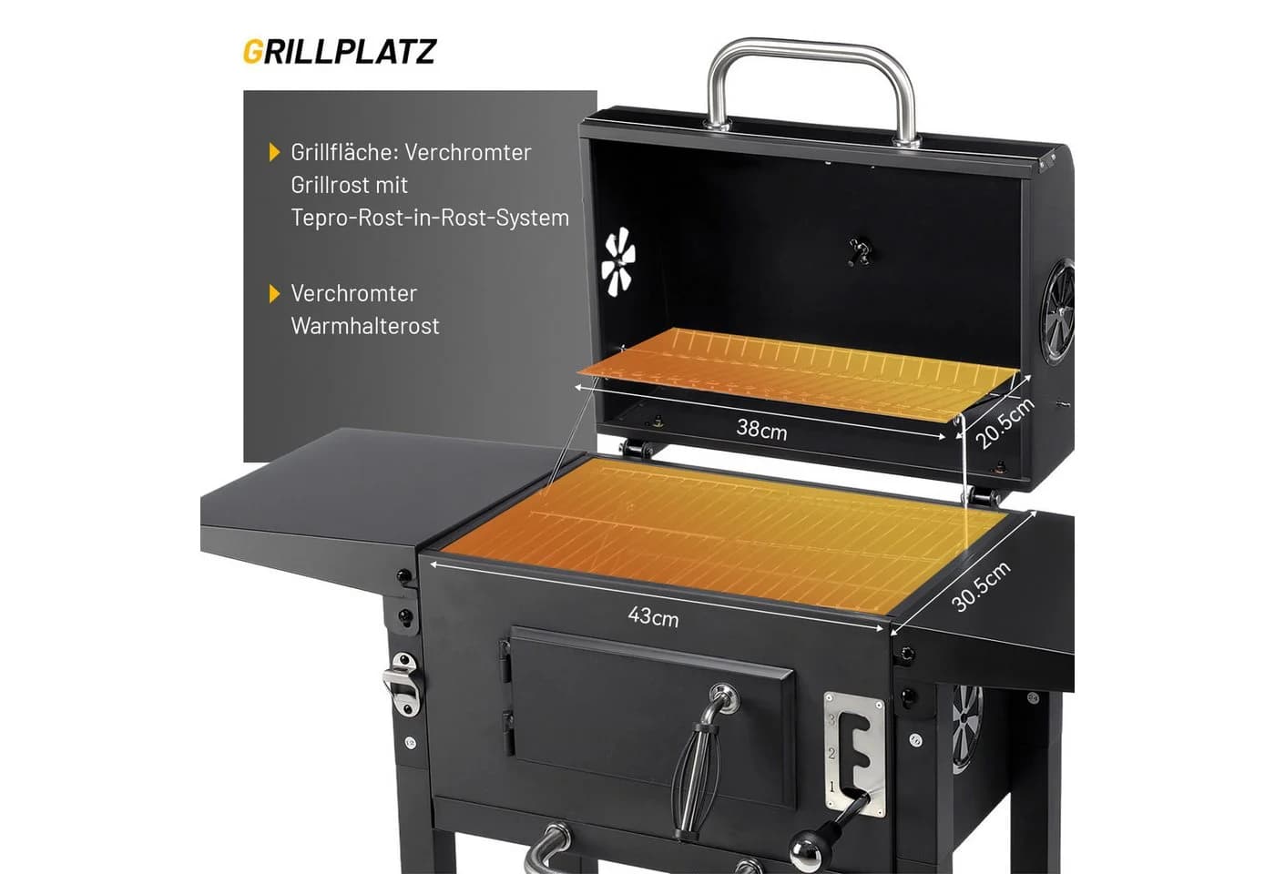 kehot Holzkohlegrill mit Deckel & Rollen, Schwarz - Bild 5