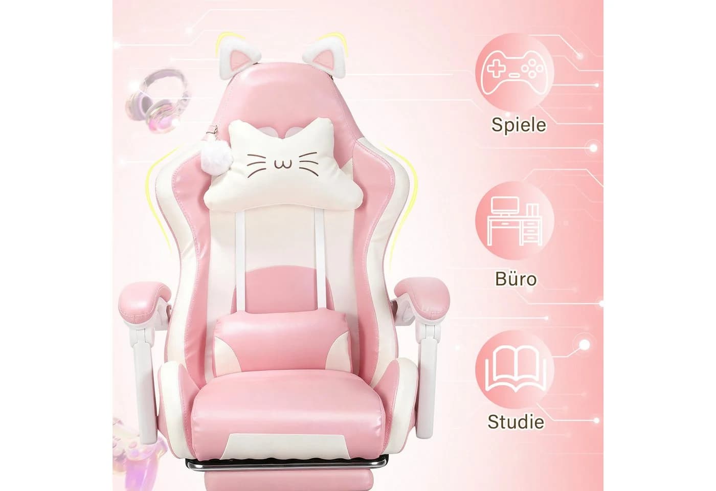 oyajia Gaming-Stuhl Bürostuhl Ergonomisch mit Kopfstütze und Katzenohren PU-Leder - Bild 5