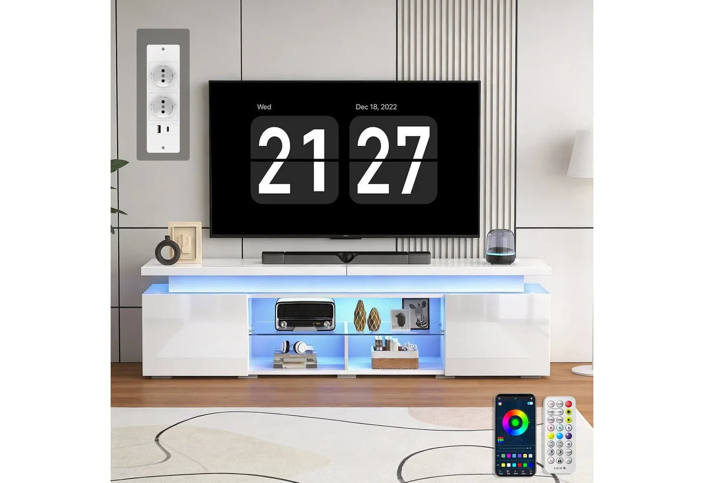 oyajia Lowboard TV-Schrank mit RGB-LED und Steckdosen für Fernseher bis 75 Zoll - Bild 4