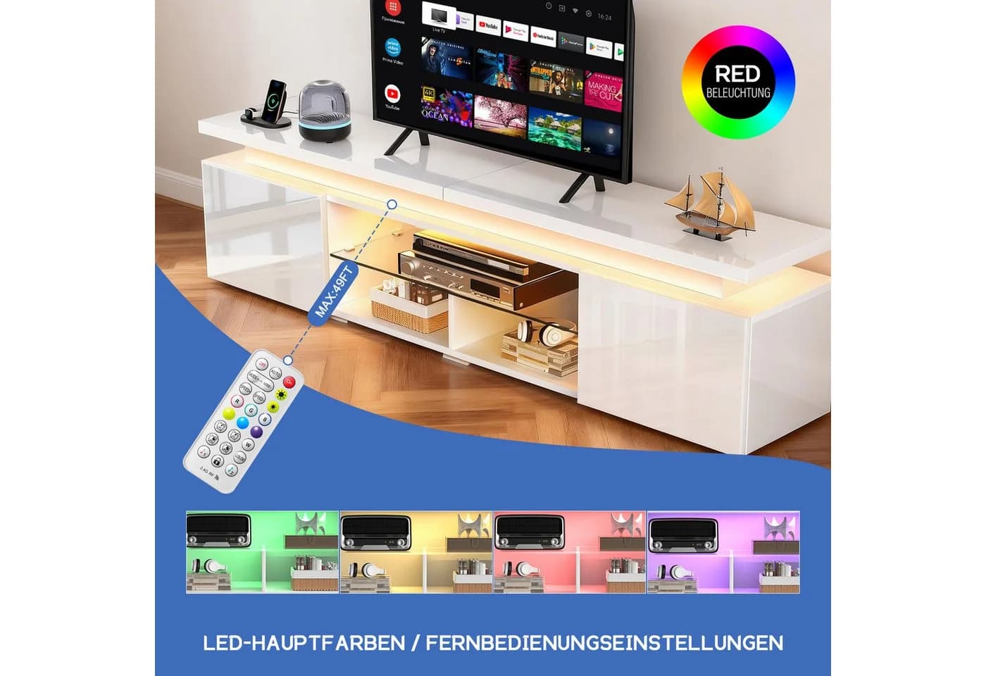 oyajia Lowboard TV-Schrank mit RGB-LED und Steckdosen für Fernseher bis 75 Zoll - Bild 5