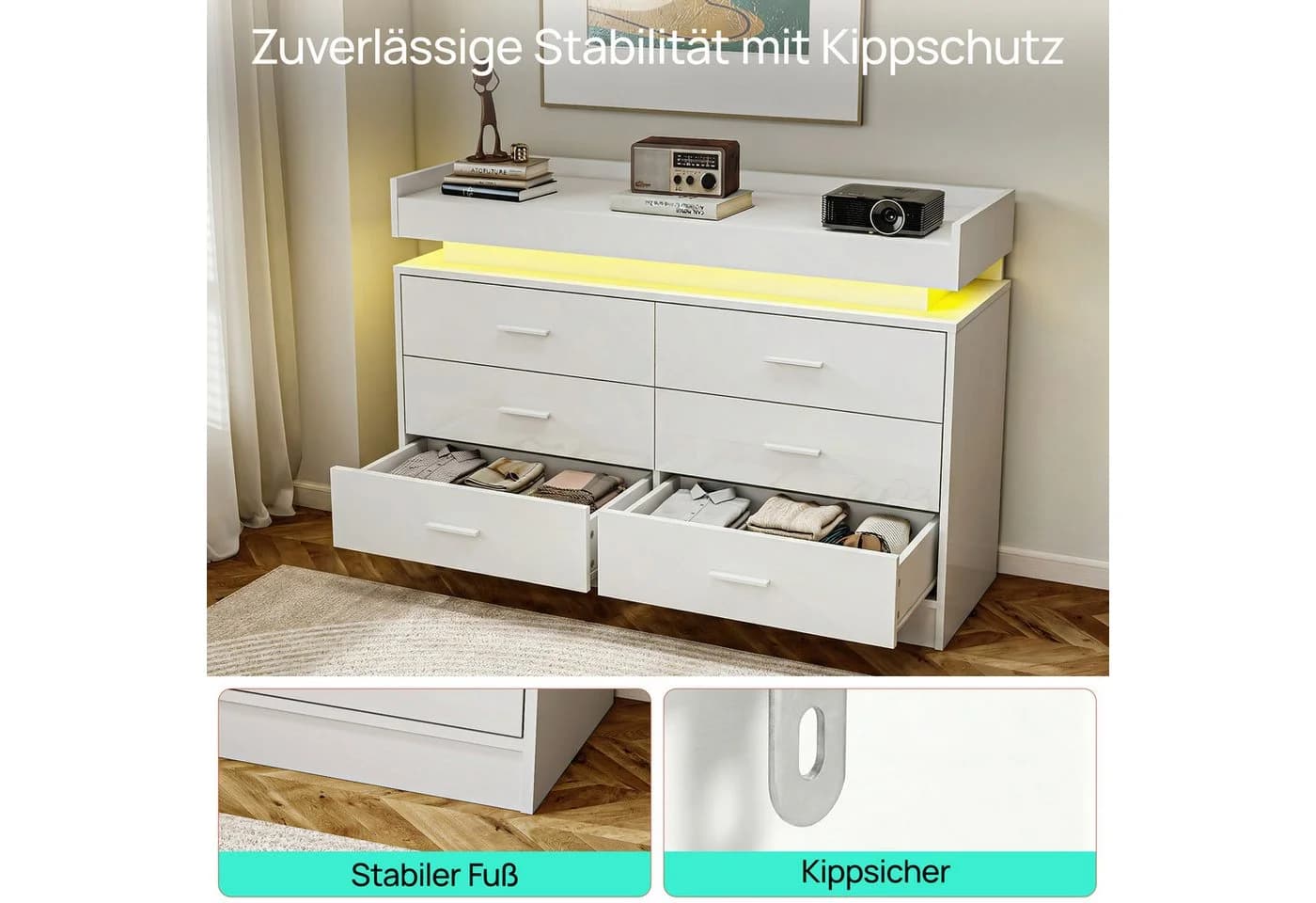 oyajia Kommode Sideboard mit LED-Beleuchtung Weiß - Bild 3