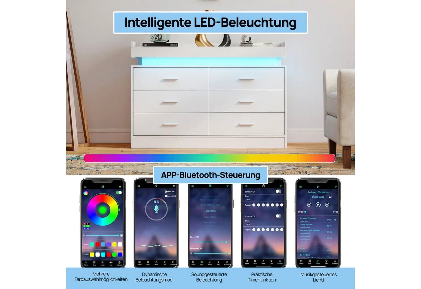 oyajia Kommode Sideboard mit LED-Beleuchtung Weiß - Bild 4