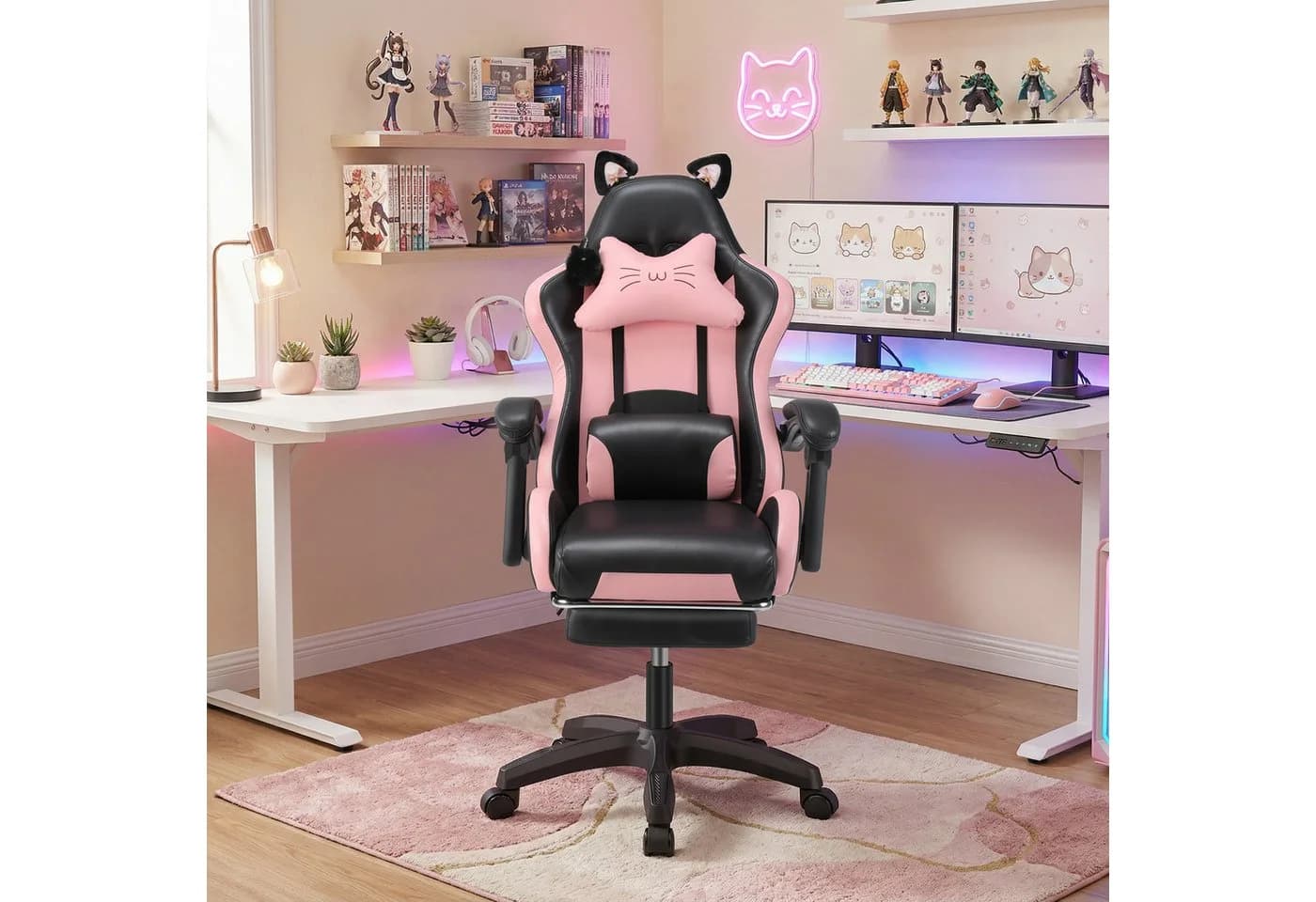 oyajia Gaming-Stuhl Bürostuhl Ergonomisch mit Kopfstütze und Katzenohren PU-Leder