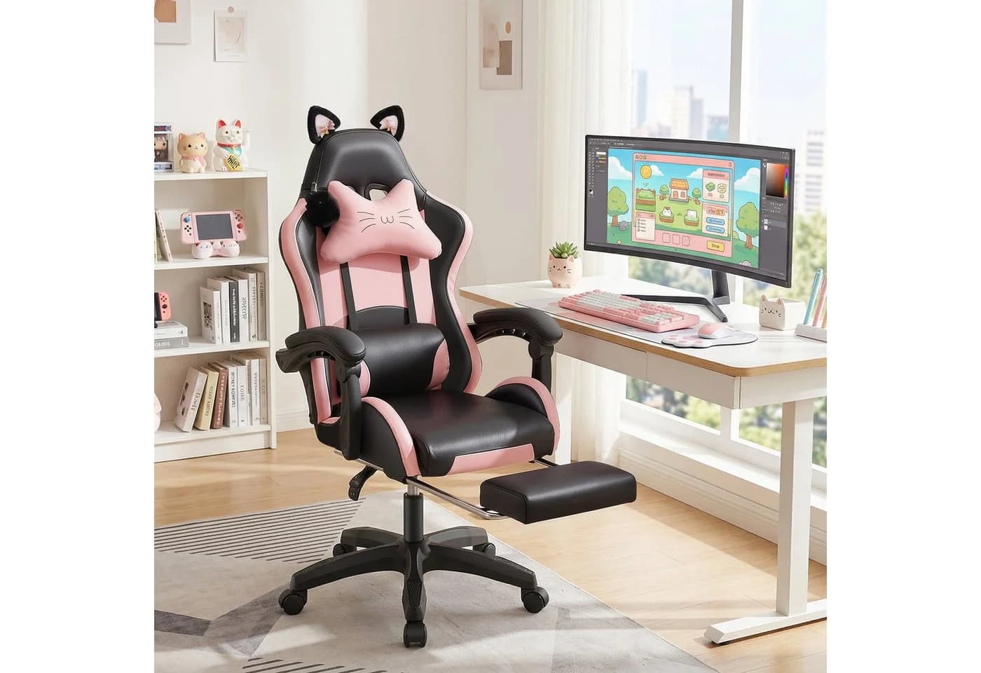 oyajia Gaming-Stuhl Bürostuhl Ergonomisch mit Kopfstütze und Katzenohren PU-Leder - Bild 2