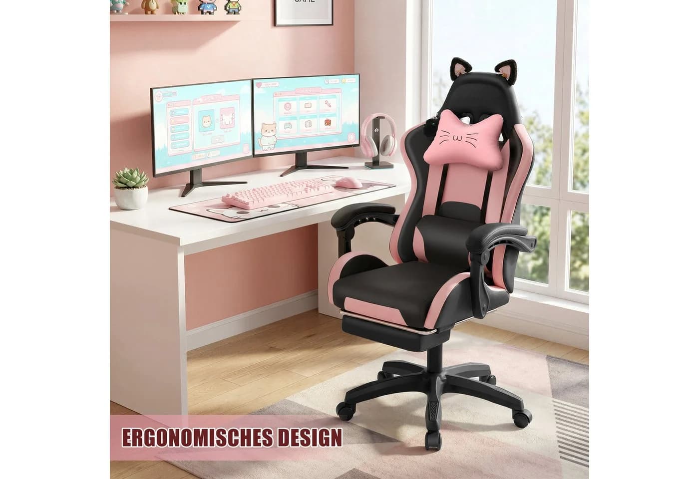 oyajia Gaming-Stuhl Bürostuhl Ergonomisch mit Kopfstütze und Katzenohren PU-Leder - Bild 3