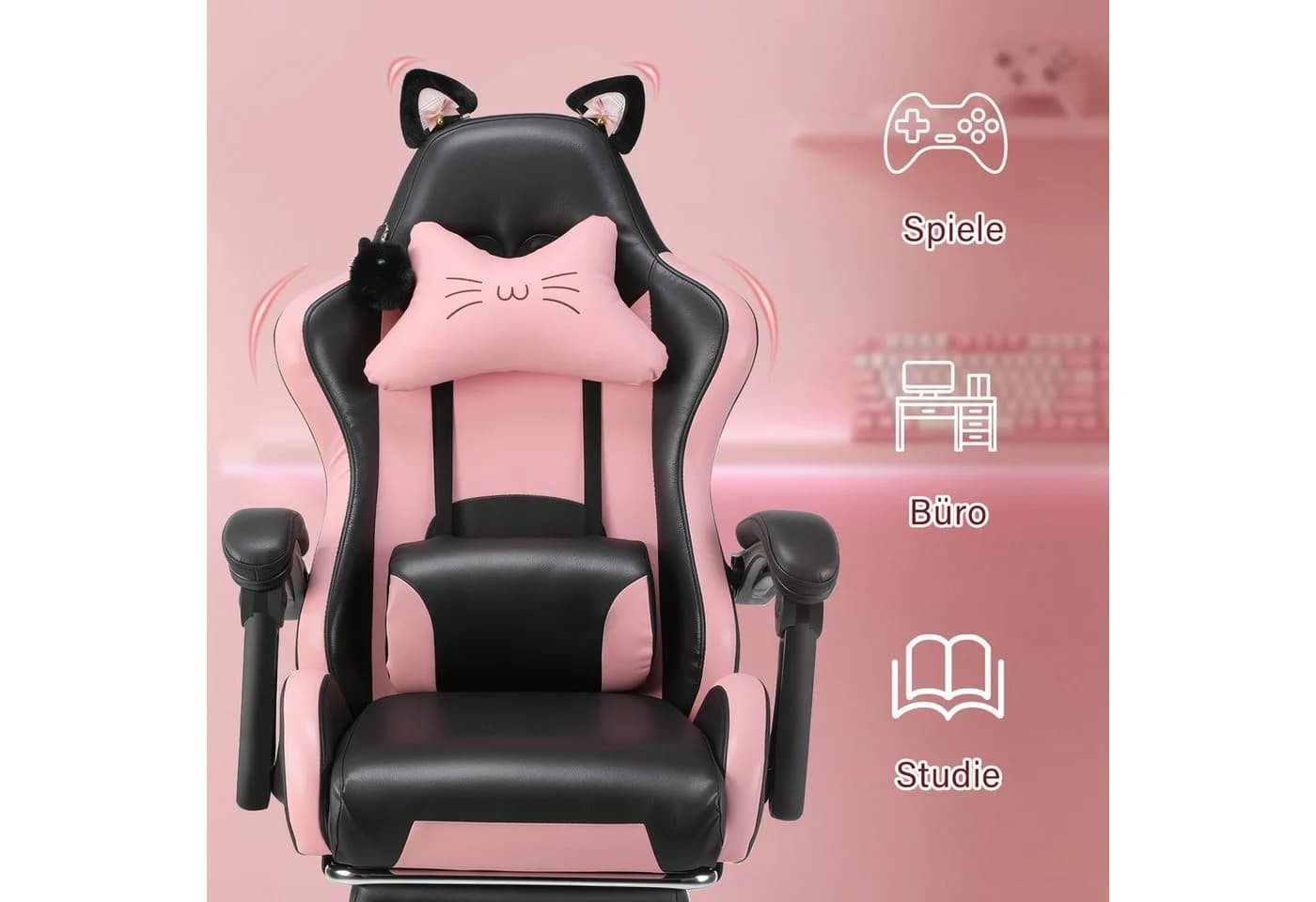 oyajia Gaming-Stuhl Bürostuhl Ergonomisch mit Kopfstütze und Katzenohren PU-Leder - Bild 4