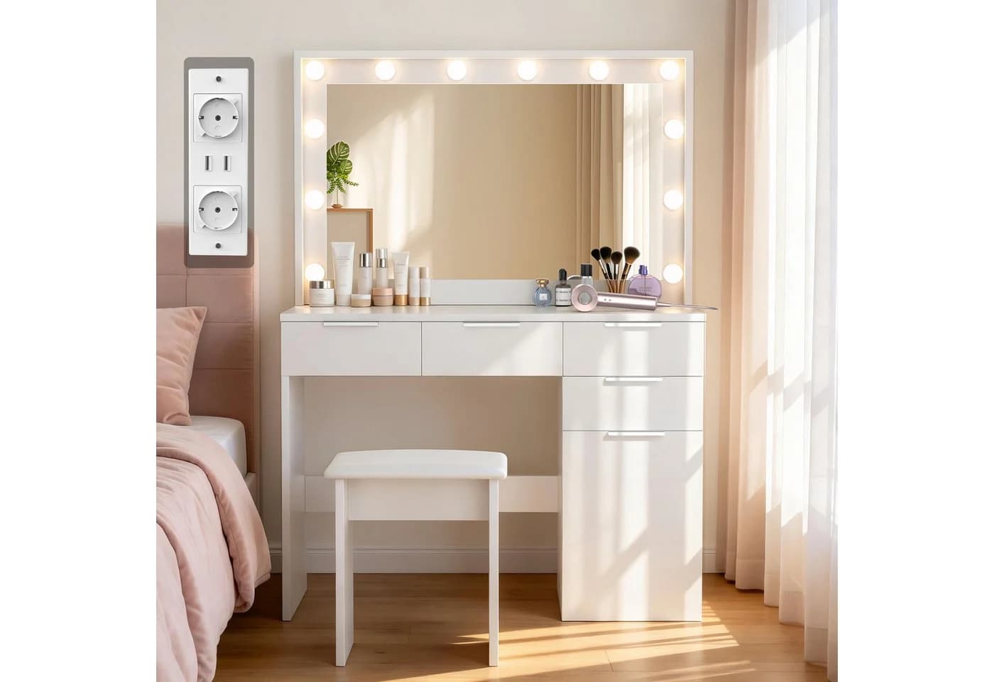 oyajia Schminktisch mit LED-Leuchten und Hocker - Bild 3