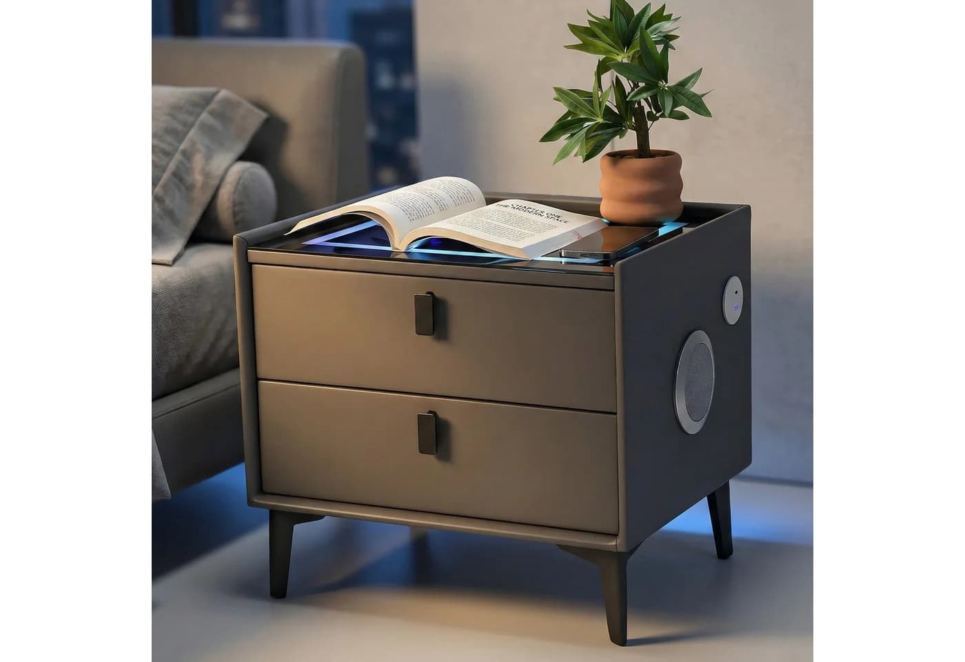 oyajia Nachttisch Nachtschrank mit Bluetooth-Lautsprecher & Kabelloser Ladefunktion