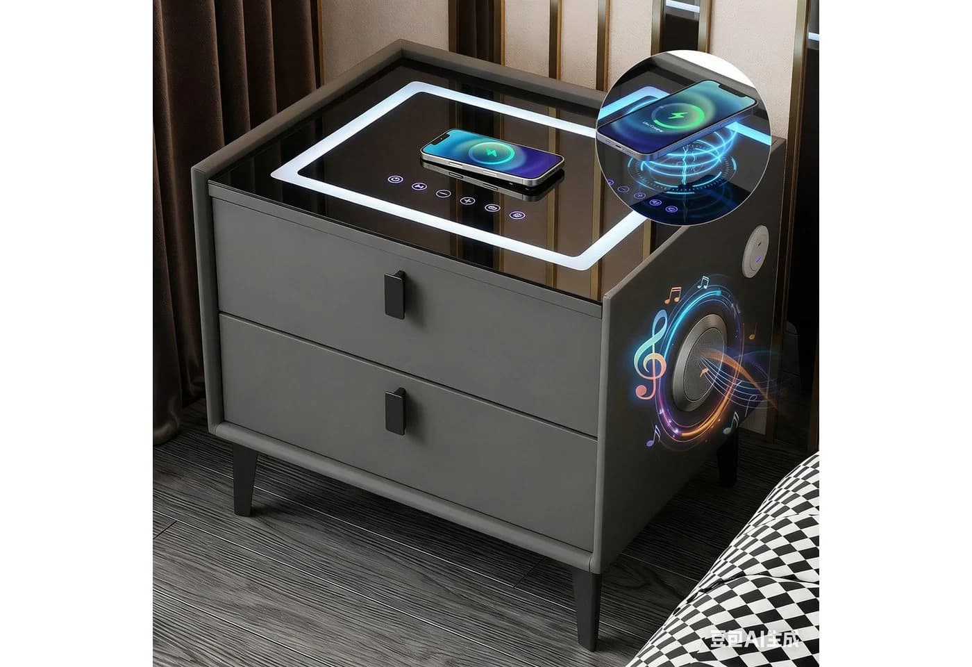 oyajia Nachttisch Nachtschrank mit Bluetooth-Lautsprecher & Kabelloser Ladefunktion - Bild 2