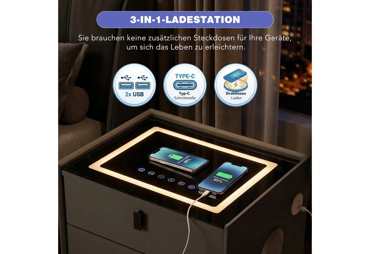 oyajia Nachttisch Nachtschrank mit Bluetooth-Lautsprecher & Kabelloser Ladefunktion - Bild 4