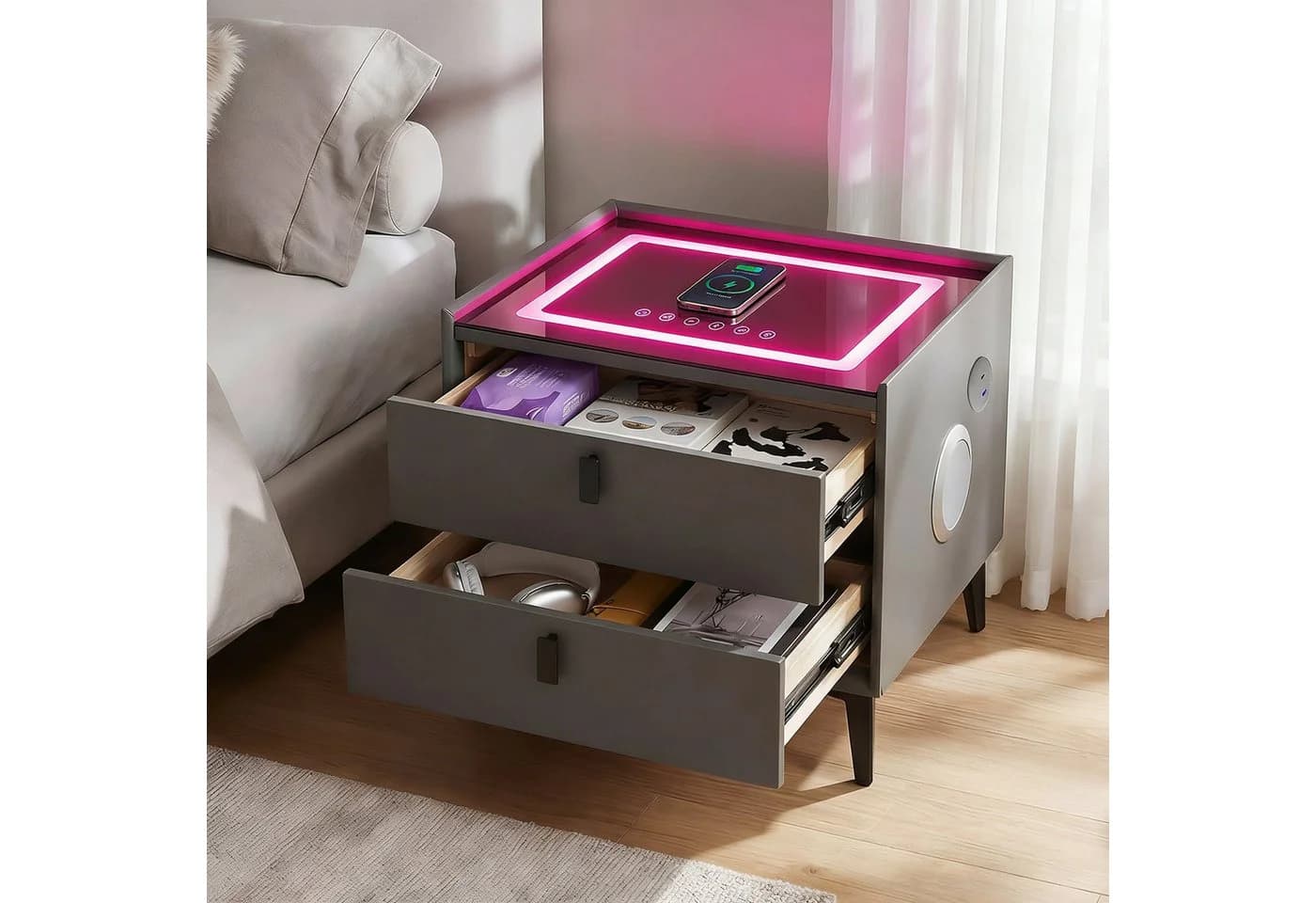 oyajia Nachttisch Nachtschrank mit Bluetooth-Lautsprecher & Kabelloser Ladefunktion - Bild 5