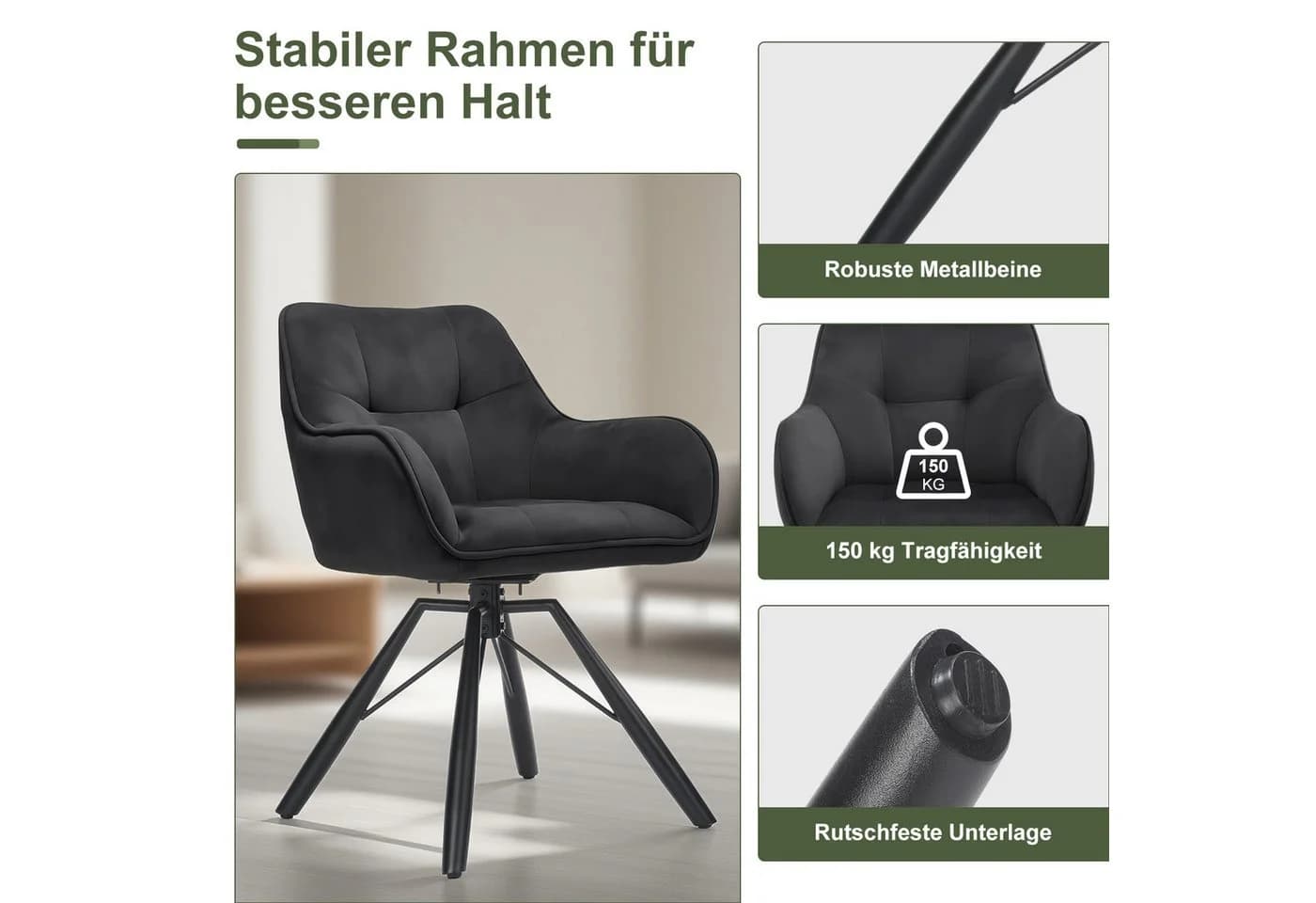 oyajia Polsterstuhl Esszimmerstühle drehbar mit Armlehnen Schwarz - Bild 5