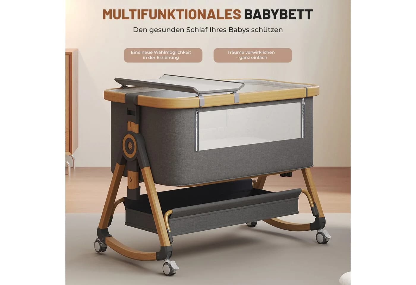 oyajia Beistellbett 3 in 1 Babybett 6-stufige Höhenverstellung