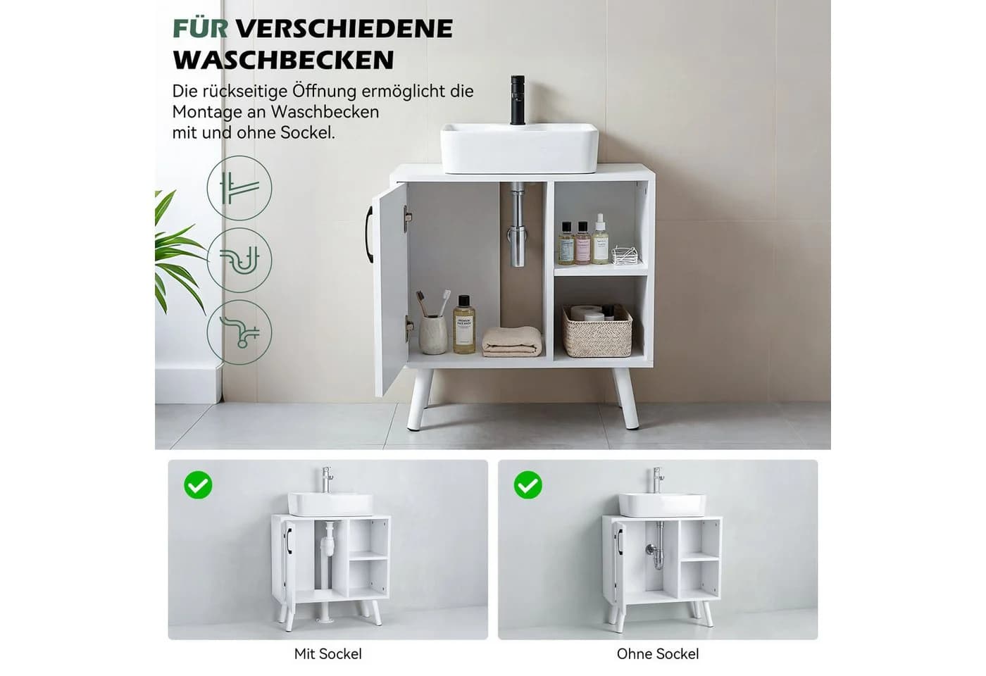 oyajia Waschbeckenunterschrank Weiß mit Füßen - Bild 3