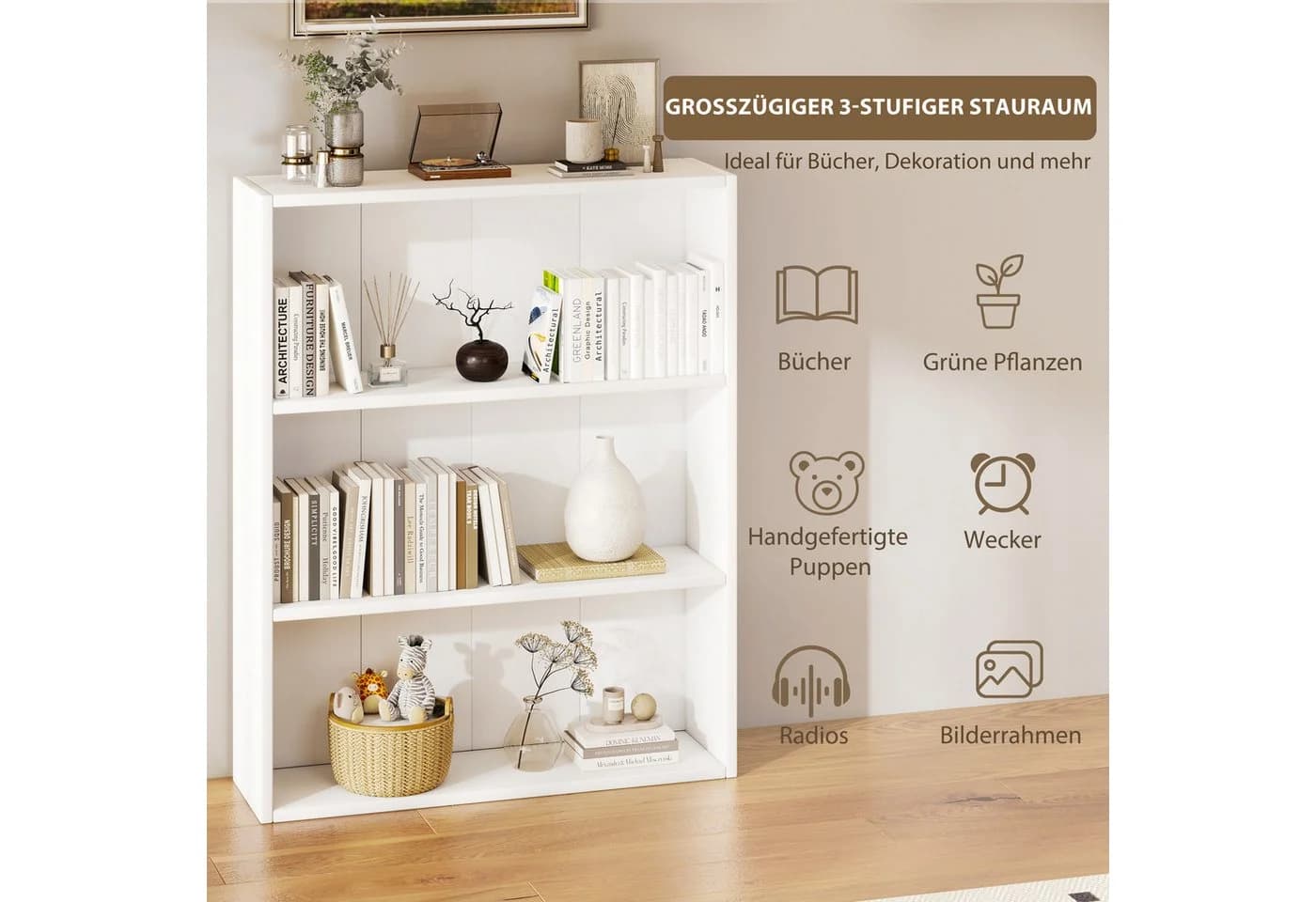 oyajia Bücherregal 3-fach Weiß Holzwerkstoff Standregal - Bild 4