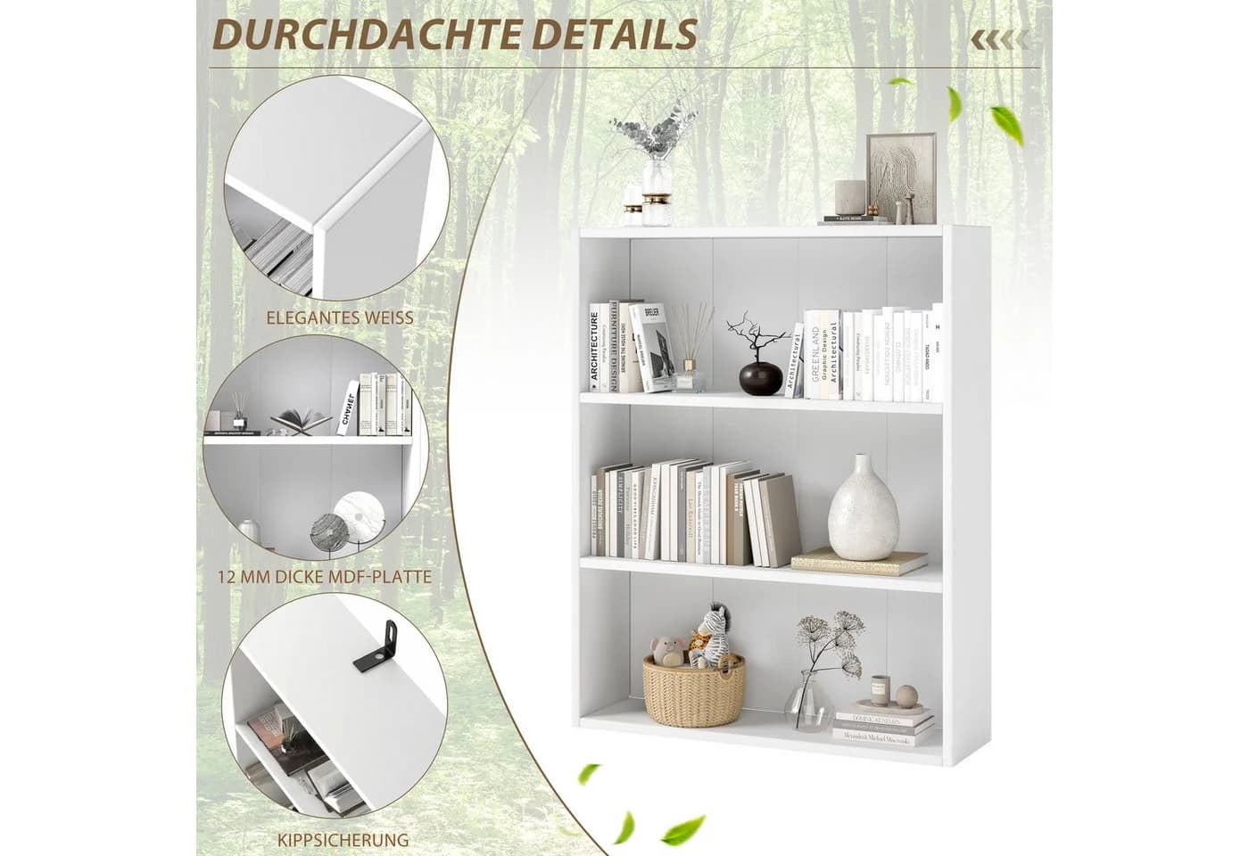 oyajia Bücherregal 3-fach Weiß Holzwerkstoff Standregal - Bild 5