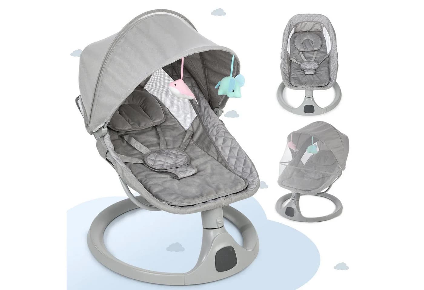 oyajia Elektrische Babywippe Grau mit Moskitonetz