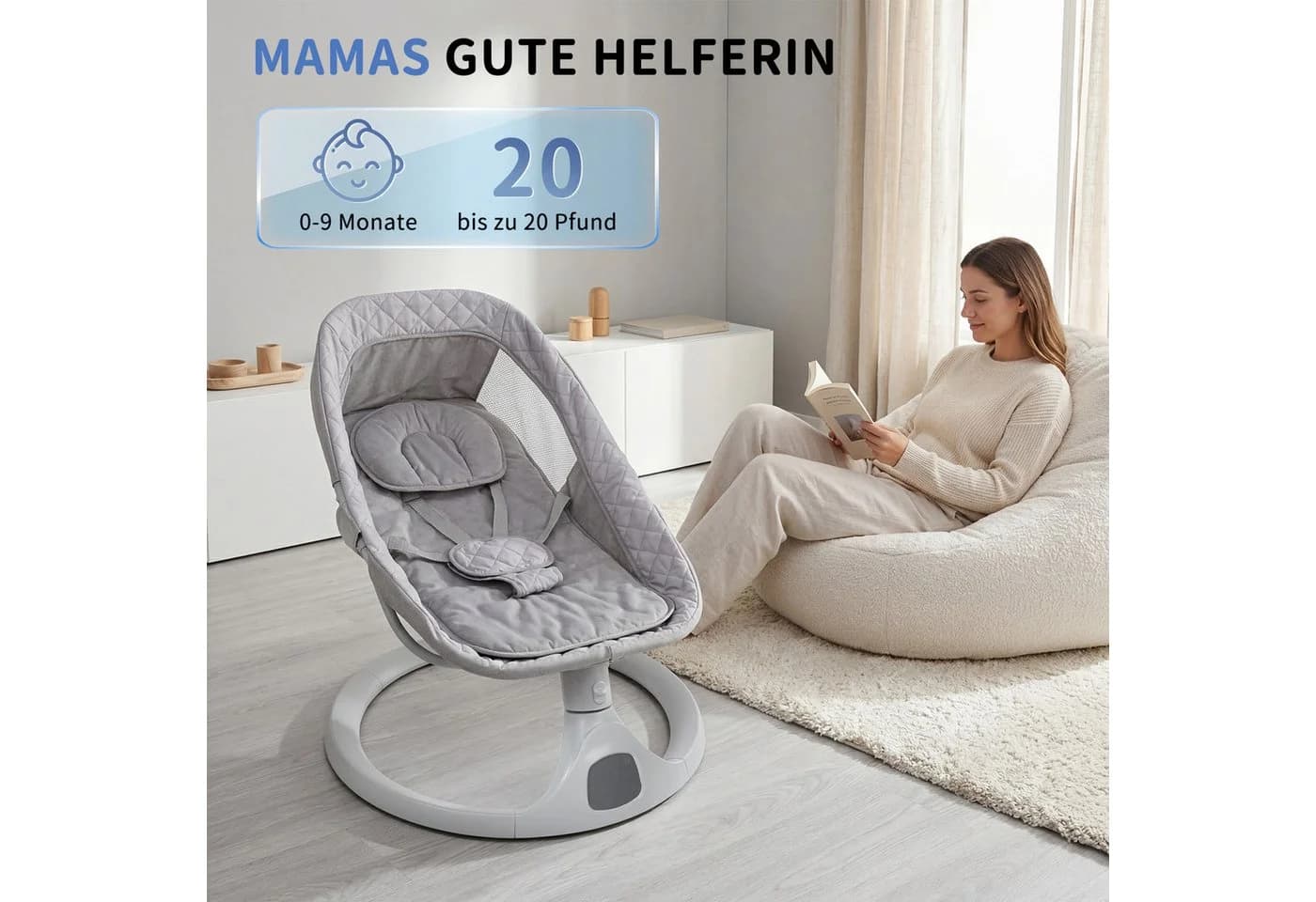 oyajia Elektrische Babywippe Grau mit Moskitonetz - Bild 3