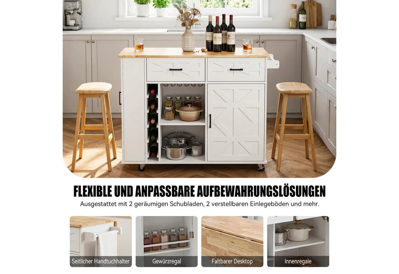 oyajia Küchenwagen Weiß mit erweiterbarer Arbeitsplatte und Rollen - Bild 5