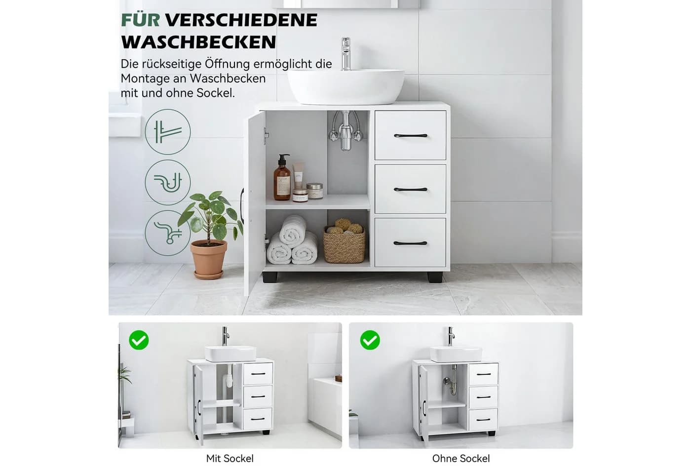 oyajia Waschbeckenunterschrank mit 3 Schubladen und Tür weiß - Bild 4