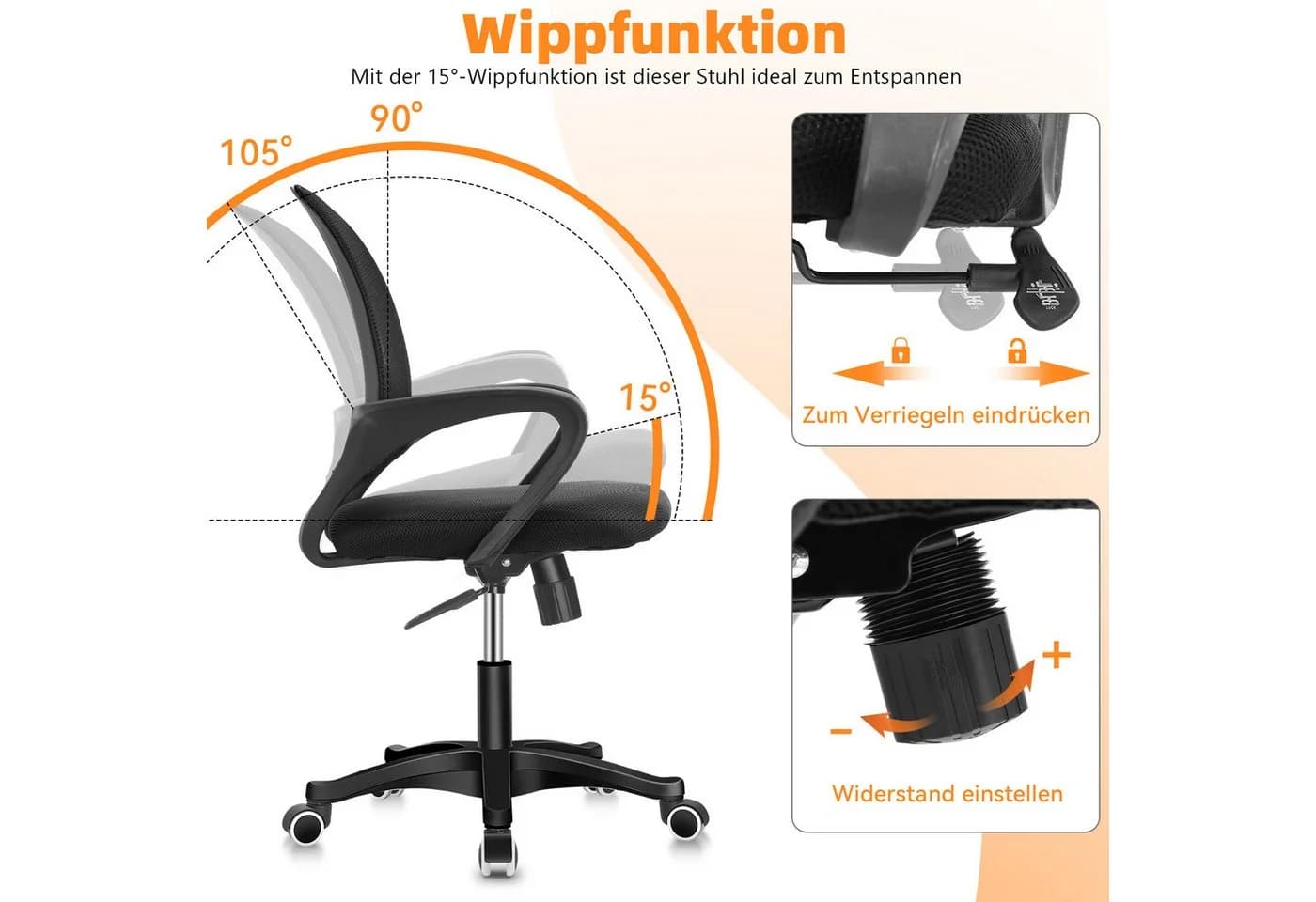 oyajia Bürostuhl Schwarz Höhenverstellbar mit Wippfunktion - Bild 3