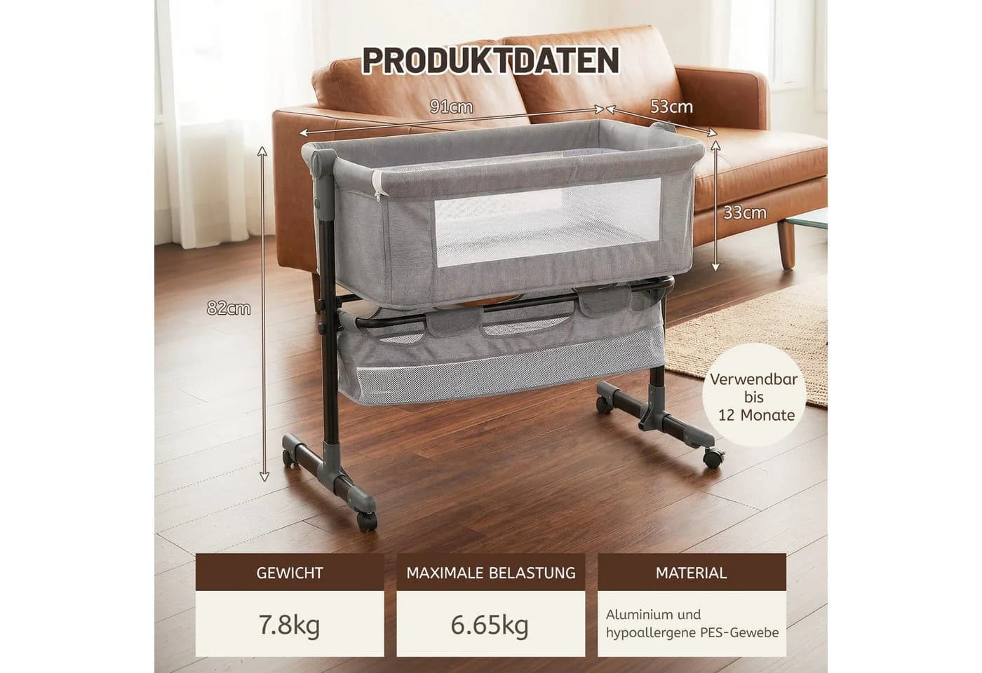 oyajia Beistellbett Reisebett grau mit Rollen, Moskitonetz & Stauraum - Bild 5