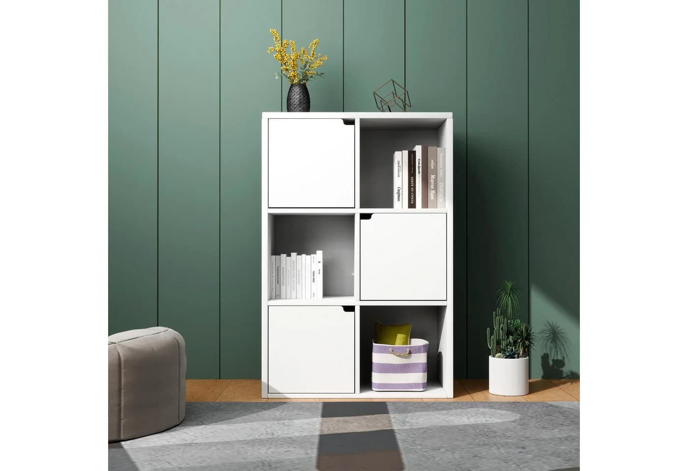 oyajia Bücherregal 6 Fächer mit 3 Türen Weiß Modernes Design