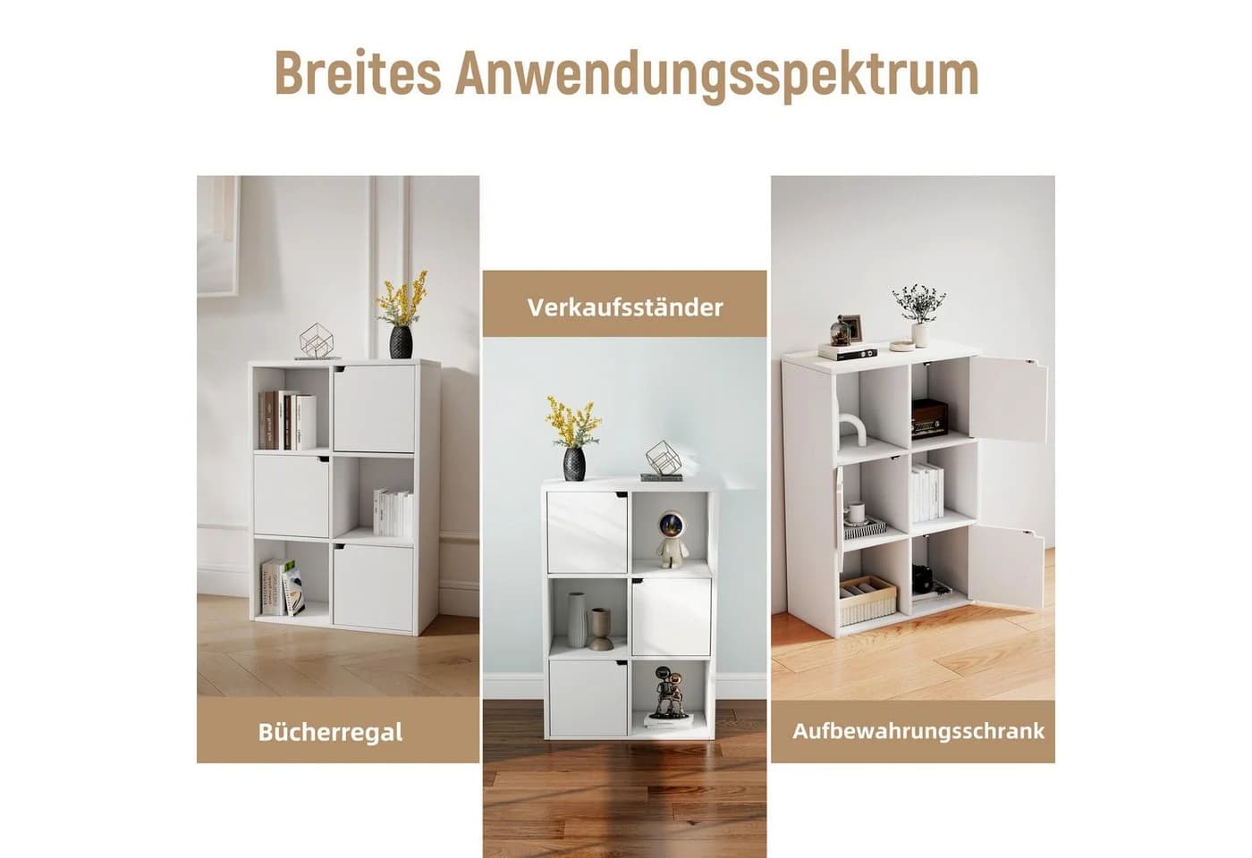 oyajia Bücherregal 6 Fächer mit 3 Türen Weiß Modernes Design - Bild 5