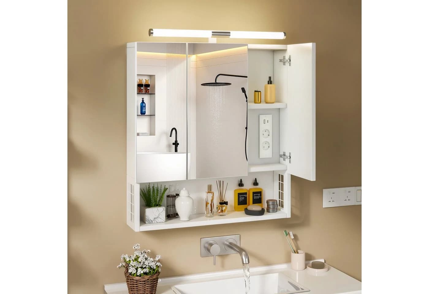 oyajia Spiegelschrank mit LED, Steckdosen & 3 Türen Weiß - Bild 2