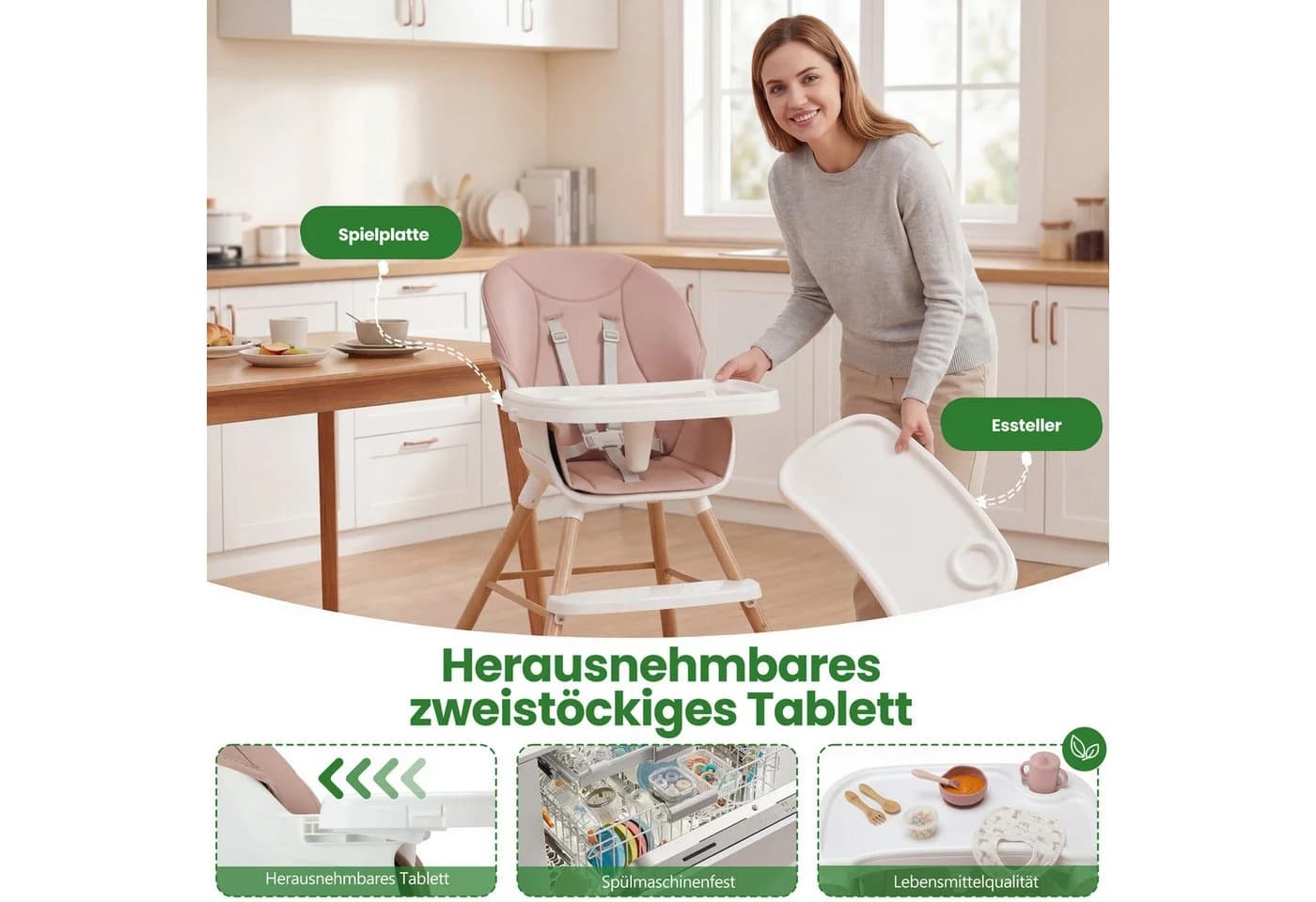 oyajia Kinderstuhl 3-in-1 Rosa Beige mit Tablett und 5-Punkt-Gurt - Bild 3