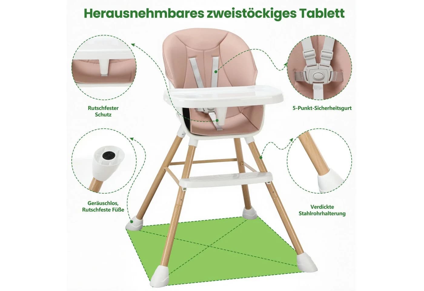 oyajia Kinderstuhl 3-in-1 Rosa Beige mit Tablett und 5-Punkt-Gurt - Bild 4