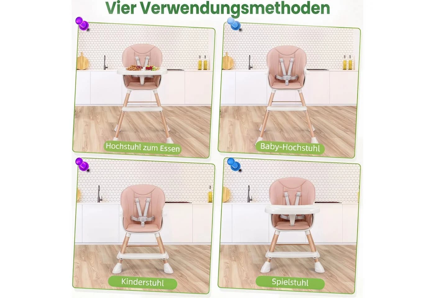 oyajia Kinderstuhl 3-in-1 Rosa Beige mit Tablett und 5-Punkt-Gurt - Bild 5