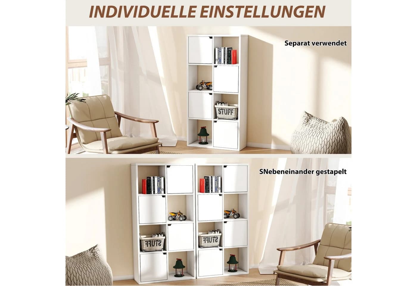 oyajia Bücherregal Weiß 8 Fächer 4 Türen Modern - Bild 4