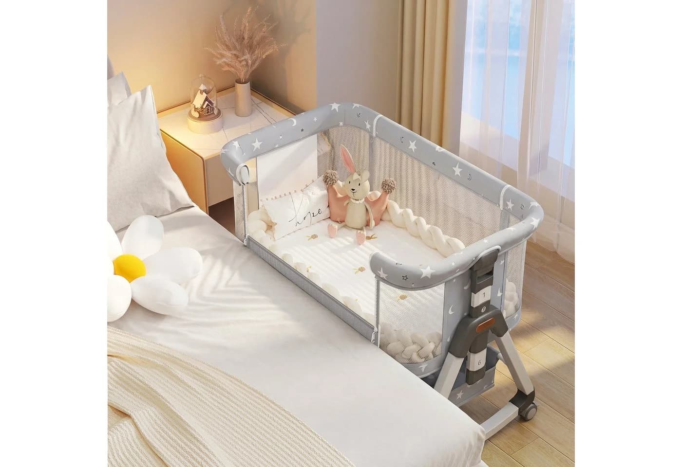 oyajia Beistellbett 3 in 1 Grau/Beige 6-stufig Höhenverstellung